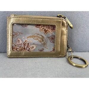 HOBO KAI Gold Metallic Leather Zip‎ Coin Card Holder Wallet Key Ring Keychain
